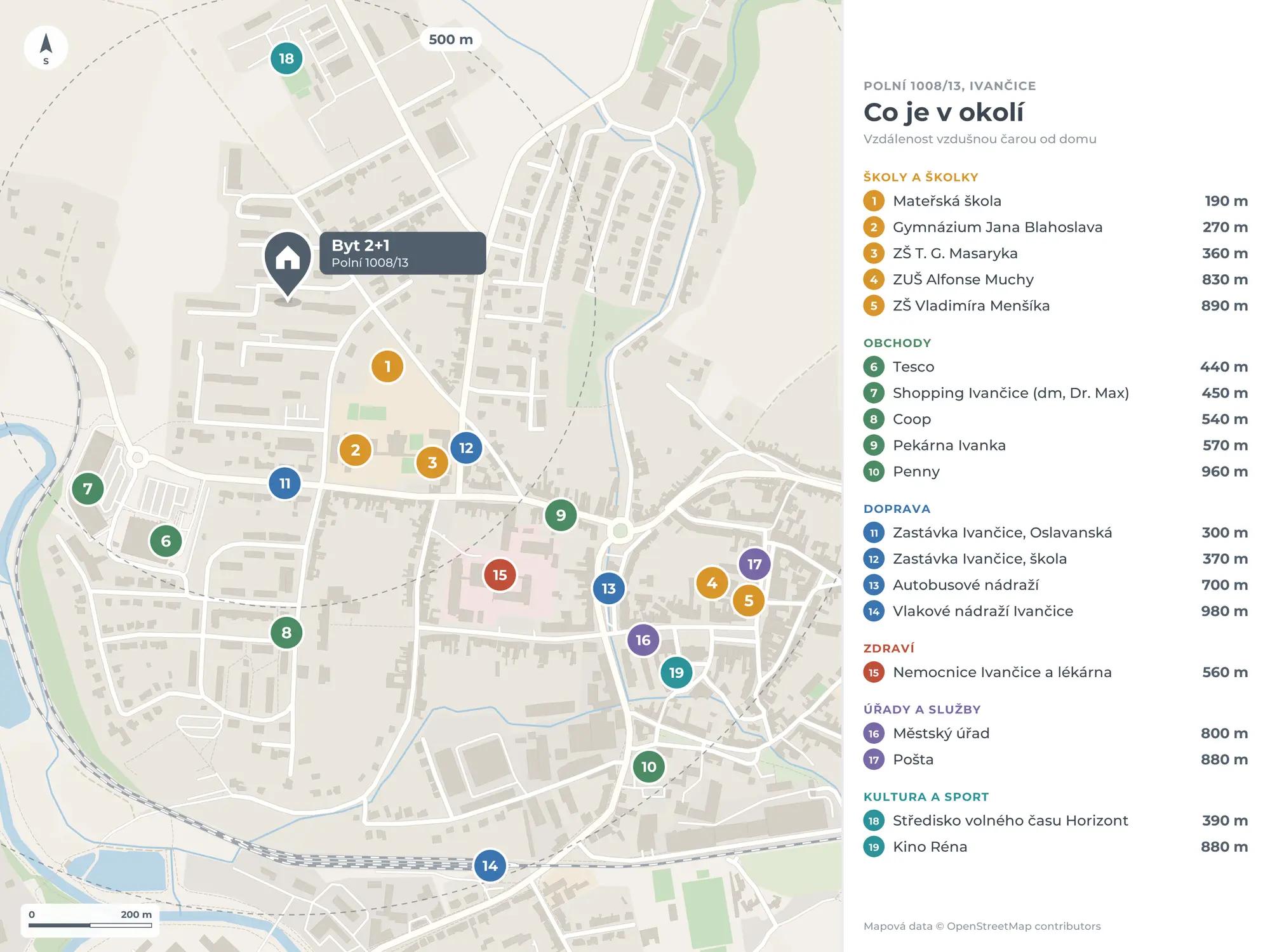 Mapa okolí domu se vzdálenostmi ke školám, obchodům a zastávkám